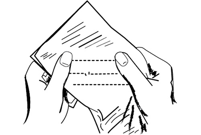 Illustration of inspecting test stitching on a piece of cloth.