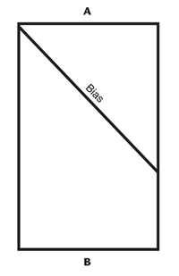Illustration demonstrating step: On a square or rectangle of fabric, mark the bias as shown. Cut line.