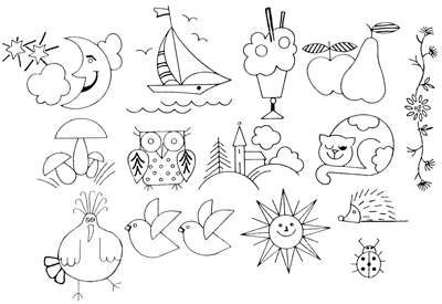 Illustration of various embroidery designs.