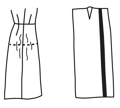 Illustration depicting pattern alteration of skirt for flat side hip