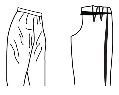 Illustration depicting pattern alteration of pants  for flat derriere