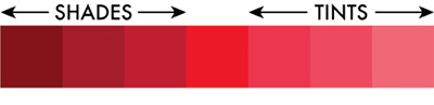 Fig. 02: A color scale moving from burgundy at the left to coral on the right, showing an example of changing the value of a hue by adding pure white or pure black.