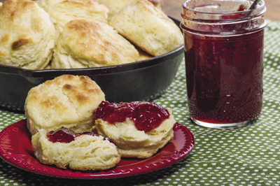 Photograph of biscuits with jelly.