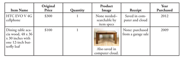 Fig. 1: Sample table format for household inventory. 