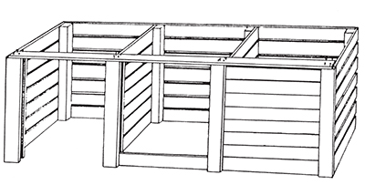 Illustration of a redwood slat three-bin composter.