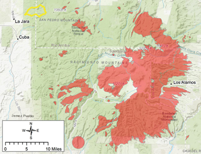 Figure 2. Wildfires (red areas) in the Jemez Mountains, NM, between 1970 and 2015. La Jara Watershed area is outlined in yellow.