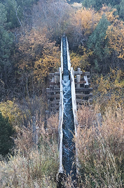 Photograph of a wooden sluiceway in the forest.