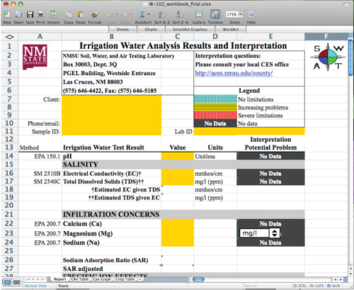 Fig. 1: The Irrigation Water Analysis Results and Interpretation workbook.