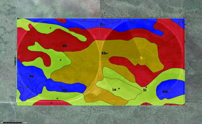 Photo of web Soil Survey (USDA, 2013) soil map highlighting soil series found within two selected center pivot irrigated fields in southeastern New Mexico containing soil series with shallow to deep depths to a petrocalcic horizon.