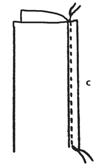 Illustration demonstrating step: Fold back the garment side. Using a zipper foot, stitch one side of zipper tape to seam allowance as close to the topstitching line as possible (C). Stitch from bottom to top. Change position of zipper foot and stitch other side of zipper tape to seam allowance.
