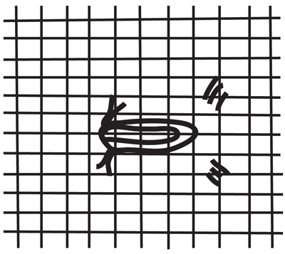 Illustration demonstrating step: Hidden Hook: The position of the hook is determined and marked. The hook is forced through the fabric from the wrong side of the facing. If the fabric is very tightly woven, one or two threads can be clipped to make a small hole for the hook. After it is in position, it is stitched in place at the loop ends and at the bill end where it comes through the fabric. Use a thread loop with a “hidden hook” for an inconspicuous fastener.