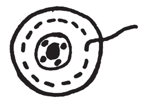 Illustration demonstrating step: Using two thicknesses of fabric, place small hand-basting stitches 1/8 to 1/4 in. from raw edge, leaving one end of thread free.