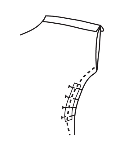 Center a 3-inch (7.5 cm) length of woven seam tape or twill tape on the curve of the underarm seam. Stitch tape to underarm on the original seamline.