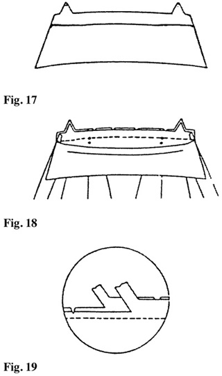 Illustrations: Turn collar right side out, press (fig. 17). Pin the undercollar seam to neckline edge matching notches, shoulder line and other markings (fig. 18). Stitch the seam carefully. Grade the seam