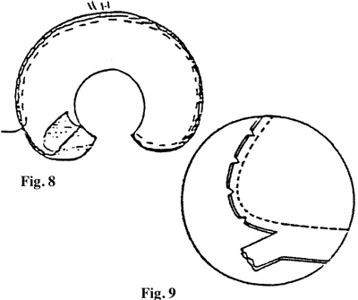 Illustrations: For a rounded collar, sew outer edge from center to neckline edge (fig. 8). This will prevent distorting the collar’s shape. Grade the seam and notch the rounded collar where necessary (fig. 9). Understitch as much of seam as possible.