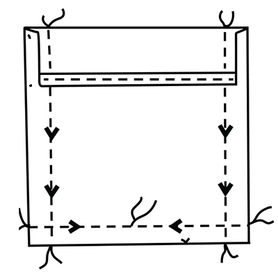 Stitch from top to bottom on each side, then stitch from side to side across the bot- tom.