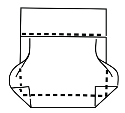 To miter the corners of the pocket, fold the bot- tom corners diagonally to line up stitching lines and press