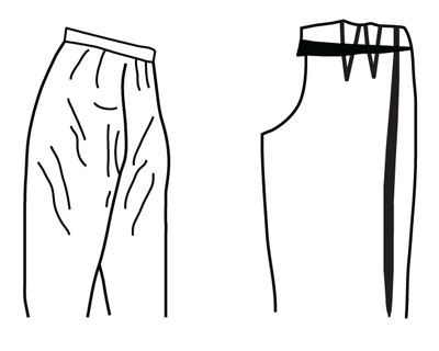 Illustration depicting pattern alteration of pants for flat derriere