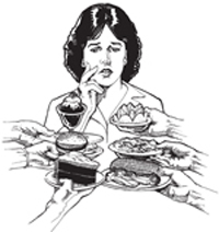 Fig. 3: Clipart gráfica de una mujer perturbada por la variedad de postres que se presenta a ella.  
