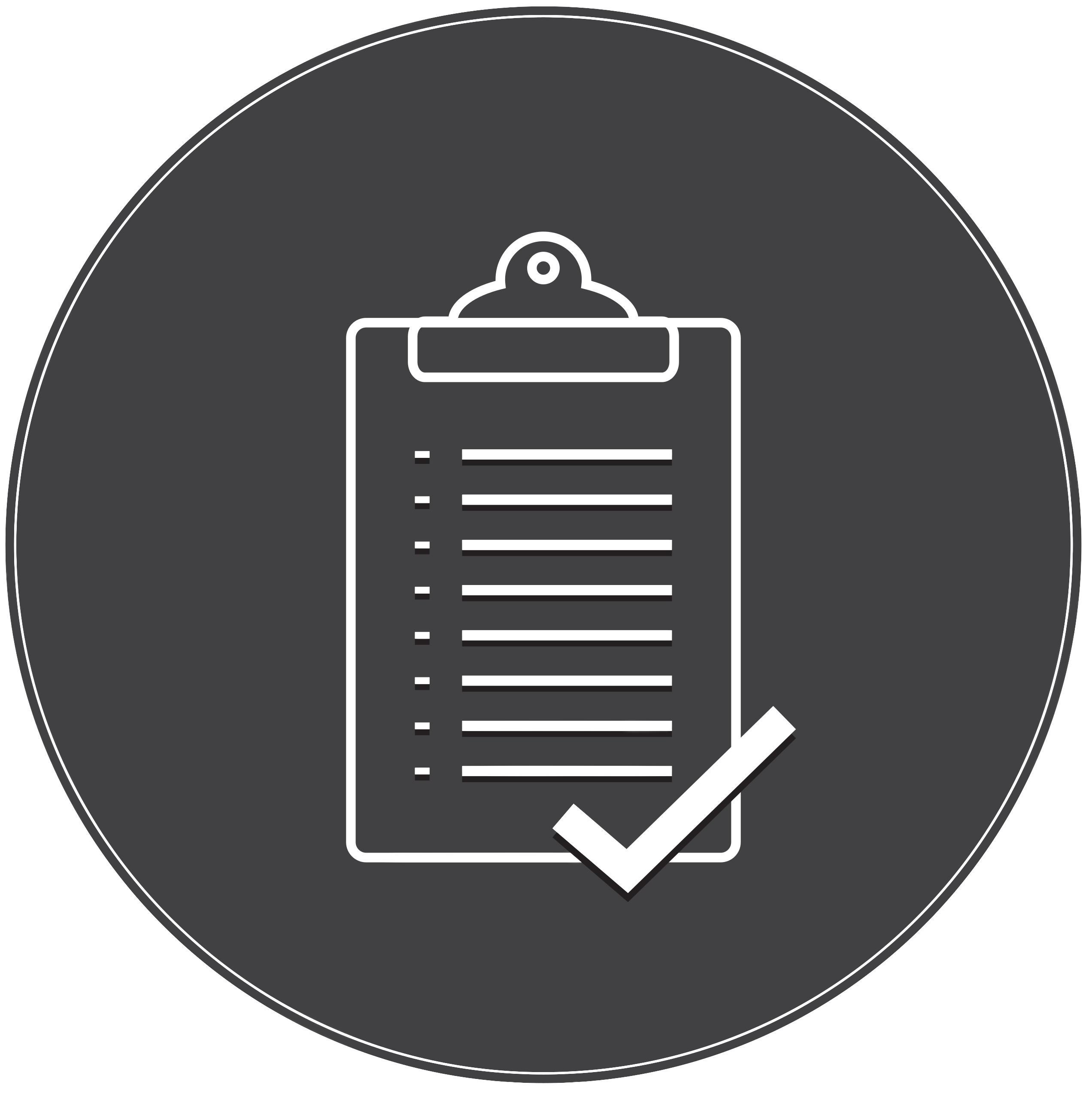 Clipboard checklist icon with a large checkmark in the lower right.