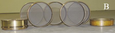 Photo of sieves removed from Ro-Tap shaker/sieve assembly. 