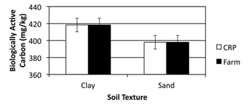 Graph of biologically active carbon of the CRP and farmland in soils of different textures. 