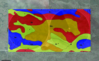 Photo of web Soil Survey (USDA, 2013) soil map highlighting soil series found within two selected center pivot irrigated fields in southeastern New Mexico containing soil series with shallow to deep depths to a petrocalcic horizon. 