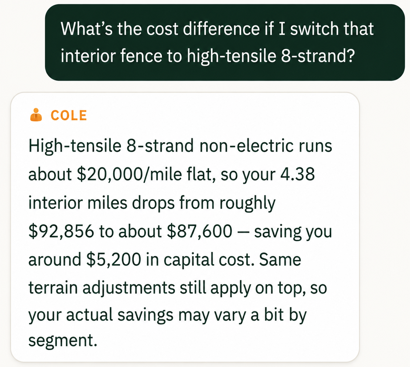 Q&A chat screenshot calculating the cost to switch an interior fence to high-tensile 8-strand, estimating a drop from about $92,856 to $87,600 (around $5,200 savings), plus terrain adjustments.