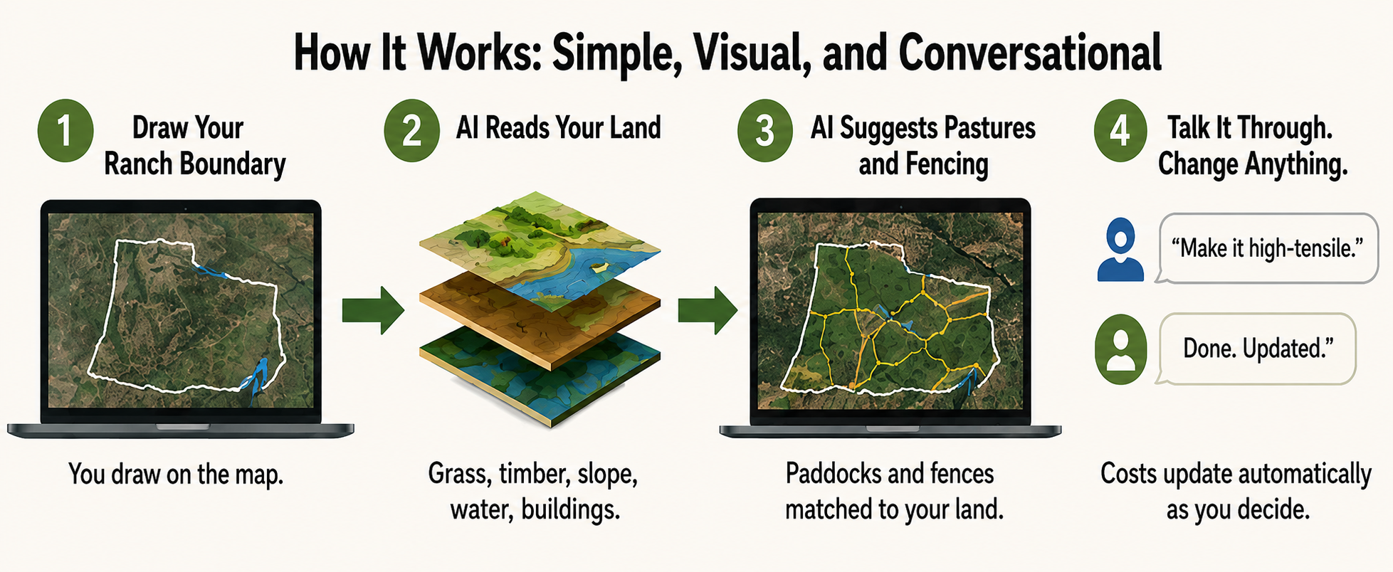 Four-step infographic showing an AI ranch-planning workflow: draw a ranch boundary on a map, AI analyzes land layers, suggests paddocks and fencing, and updates the plan through a chat-style request.