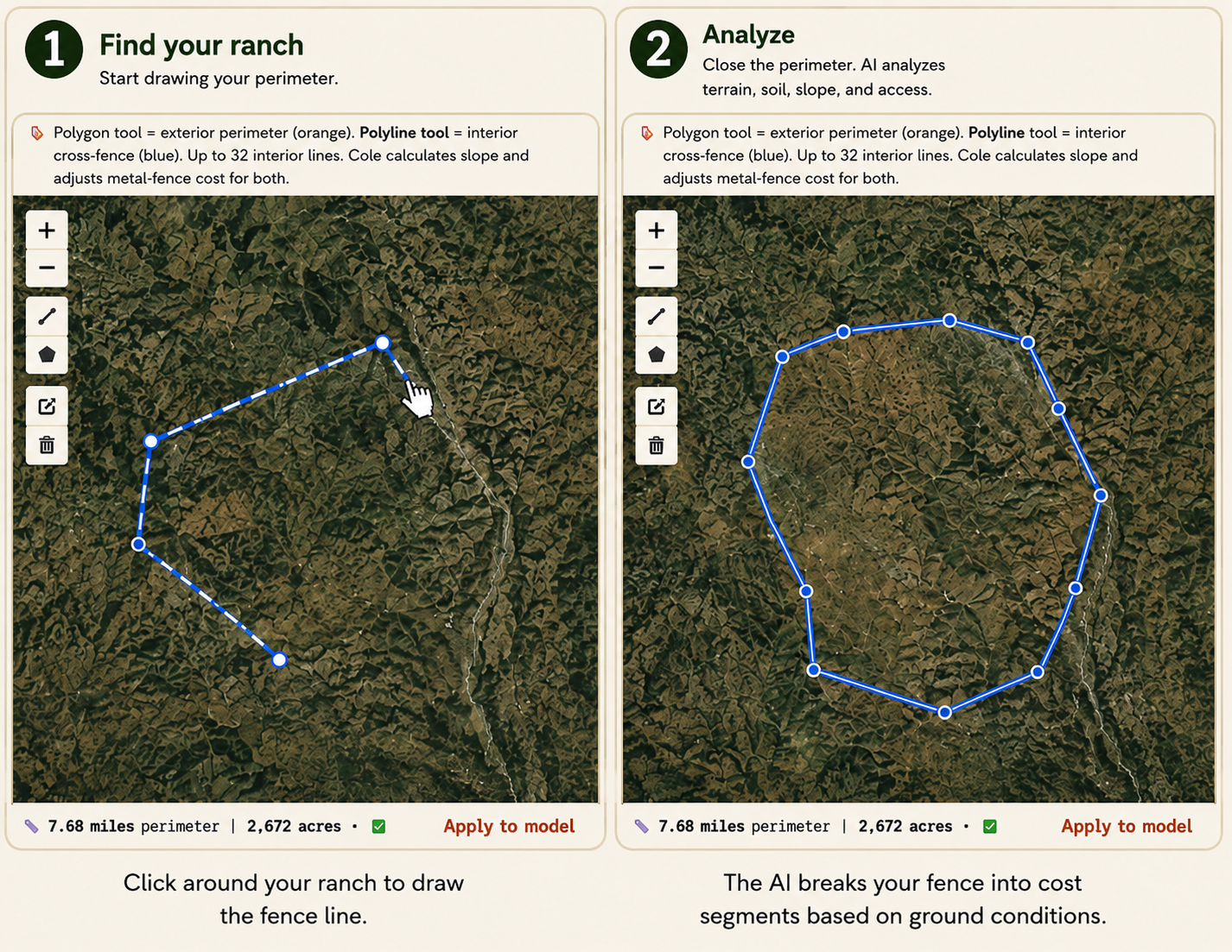 Two-panel app tutorial showing a satellite map where a blue polygon is drawn to outline a ranch, then analyzed with points around the perimeter and a button to apply the model.