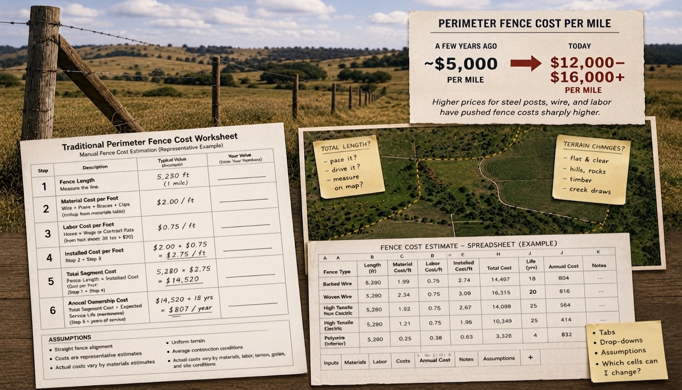 Infographic over a rural fence line showing perimeter fence cost per mile rising from about $5,000 a few years ago to $12,000–$16,000+ today, alongside worksheet and spreadsheet examples for fence and