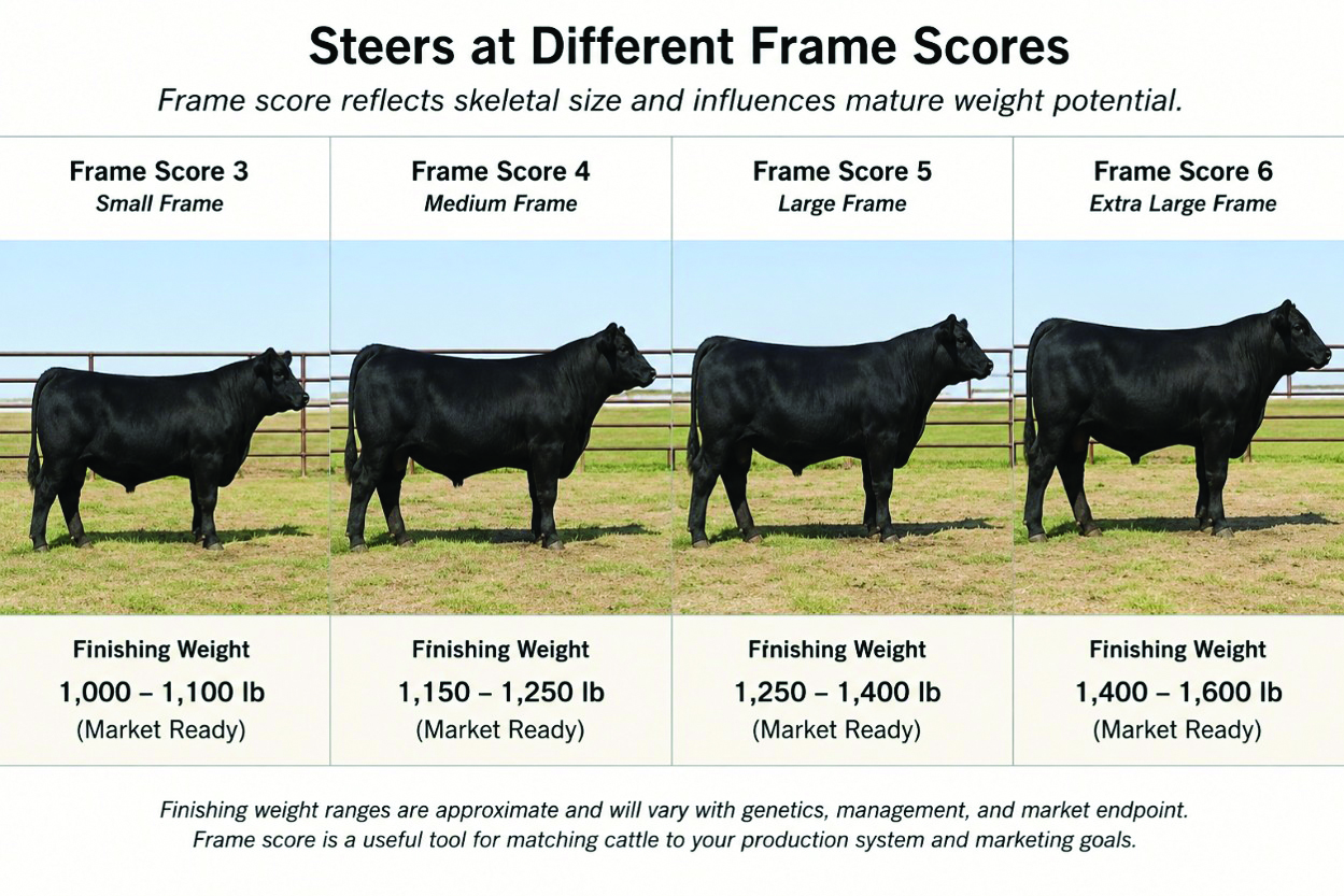 Chart titled "Steers at Different Frame Scores" comparing four black steers (frame scores 3–6) with approximate finishing weight ranges from 1,000–1,600 lb.