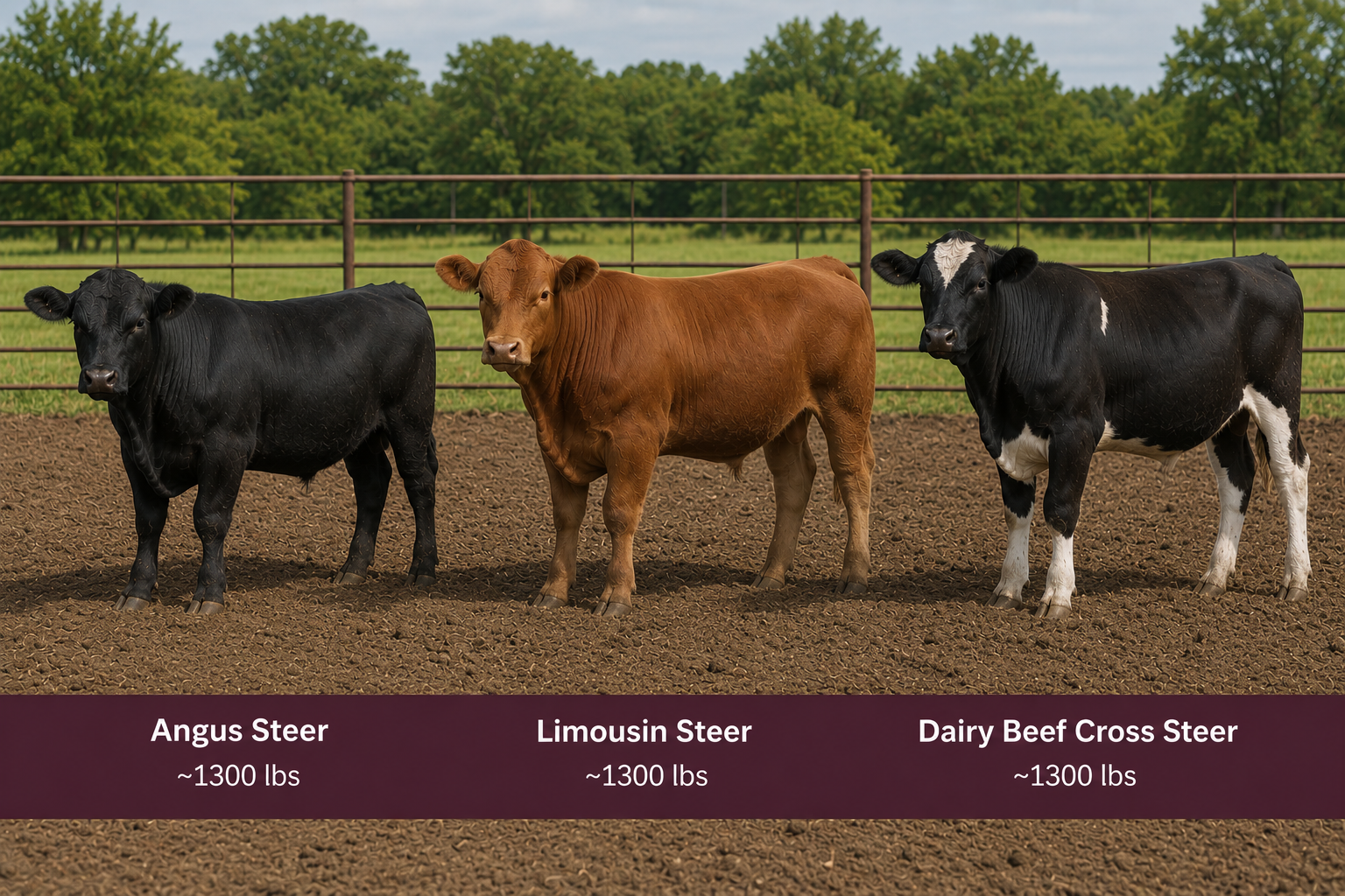 Three steers standing side by side in a fenced pen, labeled Angus, Limousin, and dairy beef cross, each about 1,300 lbs.