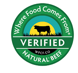 Logo of Where Food Comes From, featuring a green top with a cow silhouette over a field. The word "Verified" is displayed across the center, followed by the website WFCF.CO. The bottom of the circle in teal reads "Natural Beef".