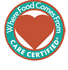 Logo of Where Food Comes From, featuring a teal-colored background top with a red heart in the center. The words around the circle read “Where Food Comes From. Care Certified”