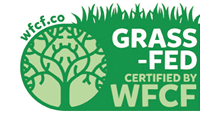 Logo of Where Food Comes From, featuring a green background and a circle with a green silhouette of a tree. Logo reads “Grass-Fed. Certified by WFCF”.