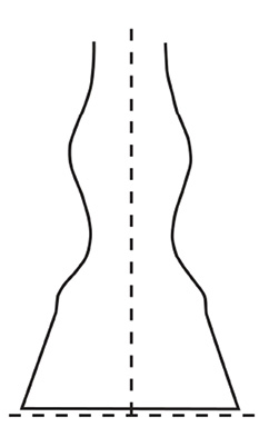 Ilustración de una silueta acampanada simétrica, con una línea central vertical discontinua y una línea de base discontinua que representan el equilibrio correcto de la pared del casco de la pata de un caballo.
