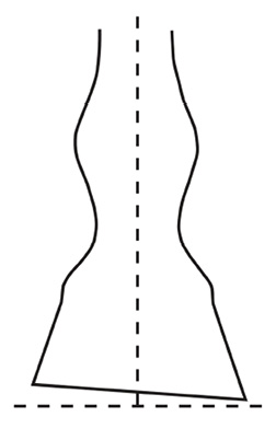 Illustration of a tapered vertical shape with curved sides, a dashed centerline, and a slanted base line que representan el balance incorrecto en la pared del casco de la pata de un caballo.