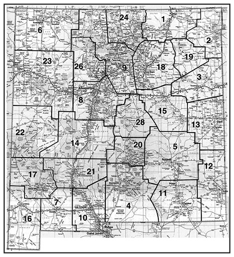 Map indicating inspection districts for the New Mexico Livestock Board.