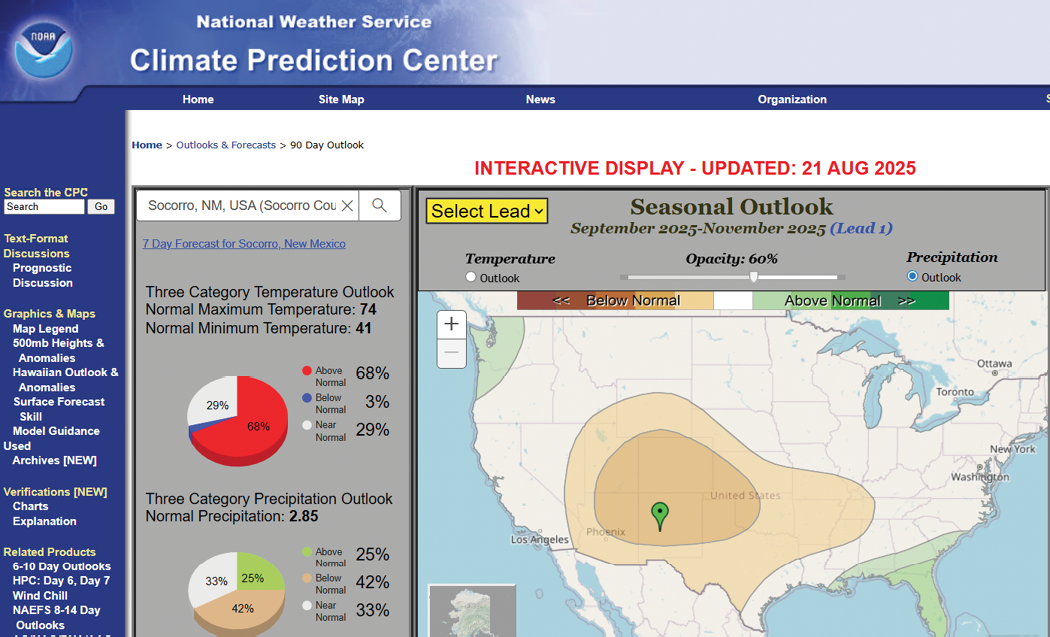 creenshot of precipitation forecast map from the Climate Prediction Center showing seasonal outlook for September-November 2025.  Transcribed Text:  INTERACTIVE DISPLAY - UPDATED: 21 AUG 2025 Socorro, NM, USA (Socorro Co X) 7 Day Forecast for Socorro, New Mexico Three Category Temperature Outlook Normal Maximum Temperature: 74 Normal Minimum Temperature: 41 Three Category Precipitation Outlook Normal Precipitation: 2.85 Seasonal Outlook September 2025-November 2025 (Lead 1) Opacity: 60%