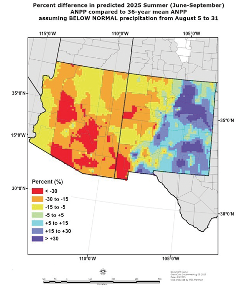Map of the southwestern U.S. showing percent change in predicted 2025 summer ANPP compared to a 36-year average.  Transcribed Text:  Percent difference in predicted 2025 Summer (June-September) ANPP compared to 36-year mean ANPP assuming NORMAL precipitation from August 5 to 31.