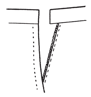 Illustration demonstrating step: Use the blind hem stitch or simply stitch 4 or 5 stitches along edge, then pivot to stitch into the fold. Stitch from bottom of zipper to top.
