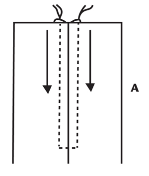 Illustration demonstrating step: Topstitch zipper opening by machine-stitching close to edge of tape. Start at the top of one side, pivot and stitch across bottom of tape. Then, stitch from the top of the other side to the bottom, pivot and stitch across. Remove tape and press (A).