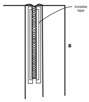 Illustration demonstrating step: On wrong side, center zipper on seam allowance. Tape in place using zipper basting tape or invisible cellophane tape (B).