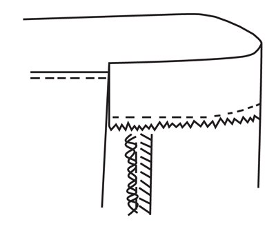 Illustration demonstrating step: To complete underlap, zig-zag on the stitching line to close end. Trim off seam allowance.