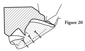 Fig. 20: Pin the band to the sleeve with right sides together. Make sure the interfaced side of the band is against the sleeve. Match the seam edges, notches, dots, and ends of band to ends of sleeve. Place pins on the sleeve side. 