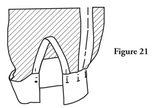 Fig. 21: Turn sleeve seam into band. Fold the remaining edge of band section under on a 1/2-in. line and press. Pin folded edge to cover the stitching line (about 1/8 in. overlap). 