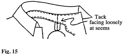 Illustration depicting securing the facing at shoulder seams by hand-tacking or stitching-in-the-ditch.