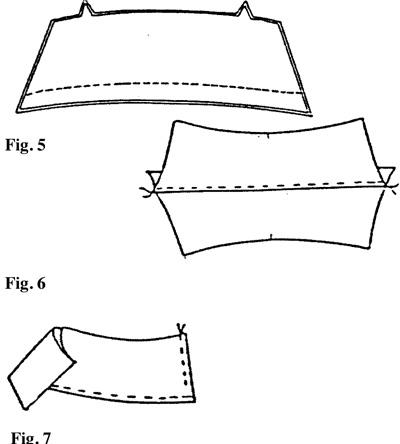 Illustrations: For a pointed collar, sew the outer edge (fig. 5) then grade and understitch the seam (fig. 6). Fold ends, matching cut edges, sew. Understitch as much of the seam as possible (fig. 7).