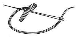 Fig. 04: Illustration showing using buttonhole stitches over the thread “bridge” when making thread eyes.